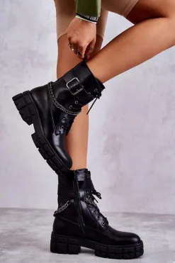 Modne Workery Botki Z Łańcuchem Czarne Solesso