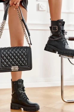 Modne Workery Botki Z Łańcuchem Czarne Solesso