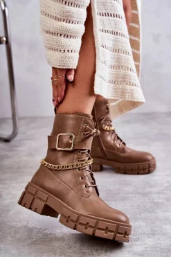 Modne Workery Botki Z Łańcuchem Brązowe Solesso