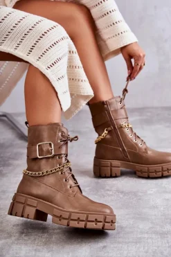 Modne Workery Botki Z Łańcuchem Brązowe Solesso