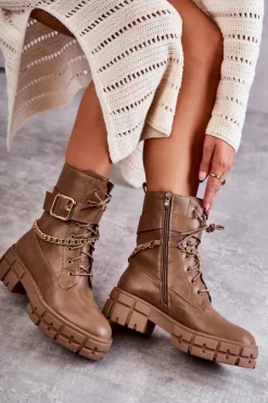 Modne Workery Botki Z Łańcuchem Brązowe Solesso