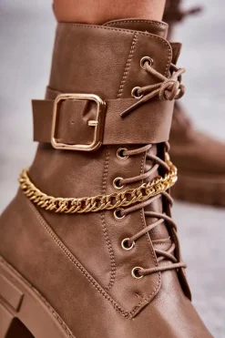 Modne Workery Botki Z Łańcuchem Brązowe Solesso