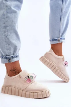 Modne Wsuwane Buty Sportowe Półbuty Z Ozdobą Beżowe Desire