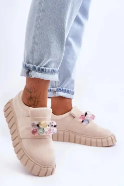 Modne Wsuwane Buty Sportowe Półbuty Z Ozdobą Beżowe Desire