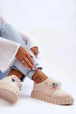 Modne Wsuwane Buty Sportowe Półbuty Z Ozdobą Beżowe Desire