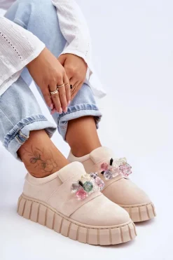 Modne Wsuwane Buty Sportowe Półbuty Z Ozdobą Beżowe Desire