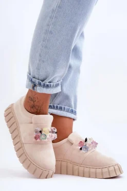 Modne Wsuwane Buty Sportowe Półbuty Z Ozdobą Beżowe Desire