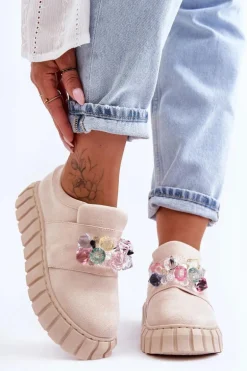 Modne Wsuwane Buty Sportowe Półbuty Z Ozdobą Beżowe Desire