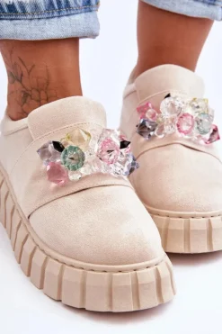 Modne Wsuwane Buty Sportowe Półbuty Z Ozdobą Beżowe Desire