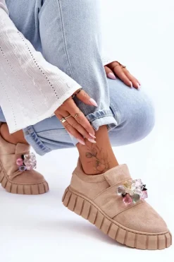 Modne Wsuwane Buty Sportowe Półbuty Z Ozdobą Ciemnobeżowe Desire