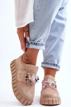 Modne Wsuwane Buty Sportowe Półbuty Z Ozdobą Ciemnobeżowe Desire