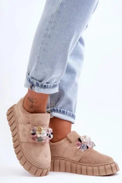 Modne Wsuwane Buty Sportowe Półbuty Z Ozdobą Ciemnobeżowe Desire