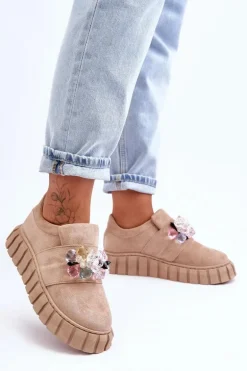 Modne Wsuwane Buty Sportowe Półbuty Z Ozdobą Ciemnobeżowe Desire