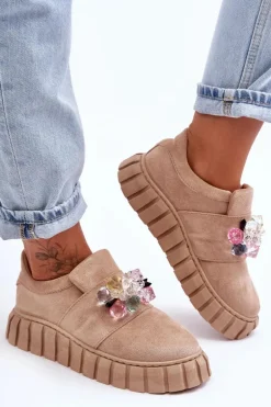 Modne Wsuwane Buty Sportowe Półbuty Z Ozdobą Ciemnobeżowe Desire