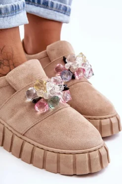 Modne Wsuwane Buty Sportowe Półbuty Z Ozdobą Ciemnobeżowe Desire