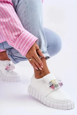 Modne Wsuwane Buty Sportowe Półbuty Z Ozdobą Białe Desire