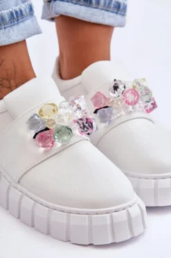 Modne Wsuwane Buty Sportowe Półbuty Z Ozdobą Białe Desire