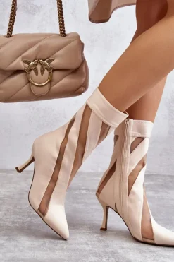 Modne Wysokie Damskie Botki Na Szpilce Beżowe Deyna