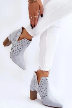 Modne Zamszowe Ażurowe Botki Na Obcasie Szare Genevi