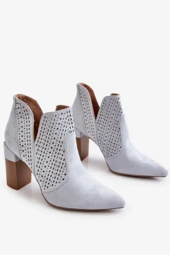 Modne Zamszowe Ażurowe Botki Na Obcasie Szare Genevi