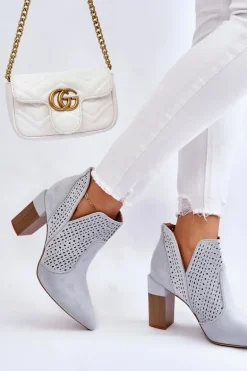 Modne Zamszowe Ażurowe Botki Na Obcasie Szare Genevi