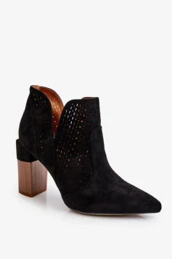 Modne Zamszowe Ażurowe Botki Na Obcasie Czarne Genevi