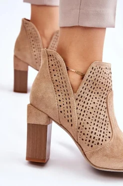 Modne Zamszowe Ażurowe Botki Na Obcasie Beżowe Genevi