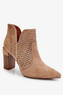 Modne Zamszowe Ażurowe Botki Na Obcasie Beżowe Genevi