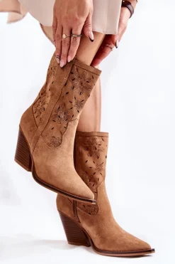 Modne Zamszowe Botki Kowbojki W Kwiaty Camel Coralie