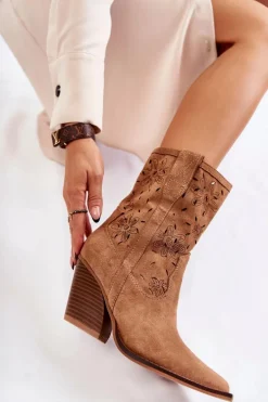 Modne Zamszowe Botki Kowbojki W Kwiaty Camel Coralie