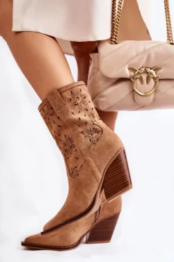 Modne Zamszowe Botki Kowbojki W Kwiaty Camel Coralie