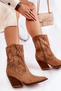 Modne Zamszowe Botki Kowbojki W Kwiaty Camel Coralie