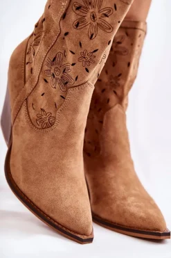 Modne Zamszowe Botki Kowbojki W Kwiaty Camel Coralie