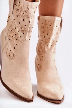 Modne Zamszowe Botki Kowbojki W Kwiaty Beżowe Coralie
