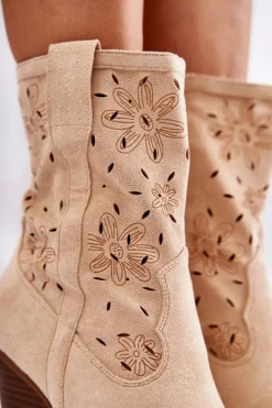 Modne Zamszowe Botki Kowbojki W Kwiaty Beżowe Coralie