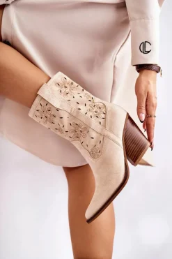 Modne Zamszowe Botki Kowbojki W Kwiaty Beżowe Coralie