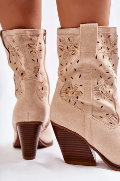 Modne Zamszowe Botki Kowbojki W Kwiaty Beżowe Coralie