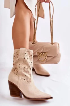 Modne Zamszowe Botki Kowbojki W Kwiaty Beżowe Coralie