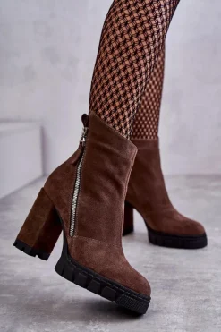 Modne Zamszowe Botki Na Obcasie Laura Messi 2509 Brązowe