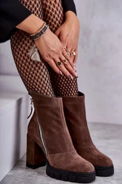 Modne Zamszowe Botki Na Obcasie Laura Messi 2509 Brązowe