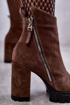 Modne Zamszowe Botki Na Obcasie Laura Messi 2509 Brązowe