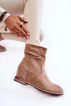 Modne Zamszowe Botki Na Ukrytym Koturnie Beżowe Finney