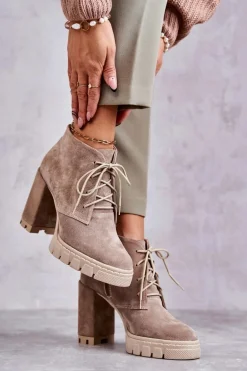 Modne Zamszowe Botki Sznurowane Beżowe Selma