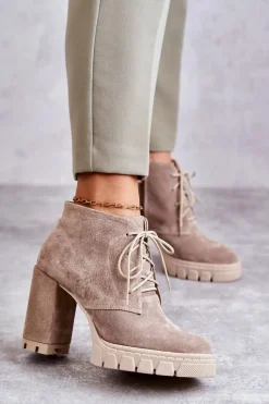 Modne Zamszowe Botki Sznurowane Beżowe Selma