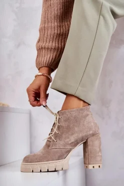 Modne Zamszowe Botki Sznurowane Beżowe Selma