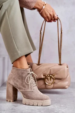 Modne Zamszowe Botki Sznurowane Beżowe Selma