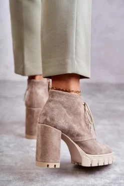 Modne Zamszowe Botki Sznurowane Beżowe Selma