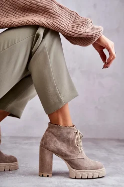 Modne Zamszowe Botki Sznurowane Beżowe Selma