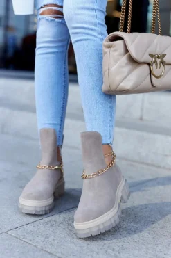 Modne Zamszowe Botki Z Wycięciem Beżowe Lemar Forget Me