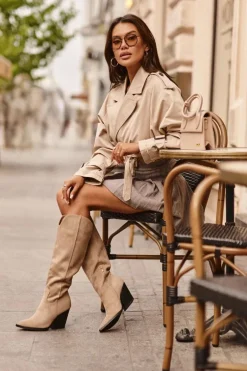 Modne Zamszowe Kozaki Kowbojki Beżowe Delia